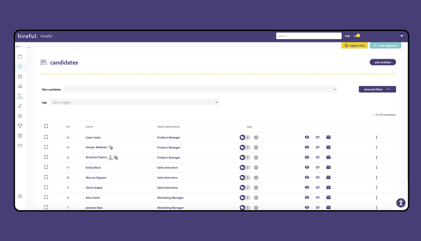 Applicant list screenshot